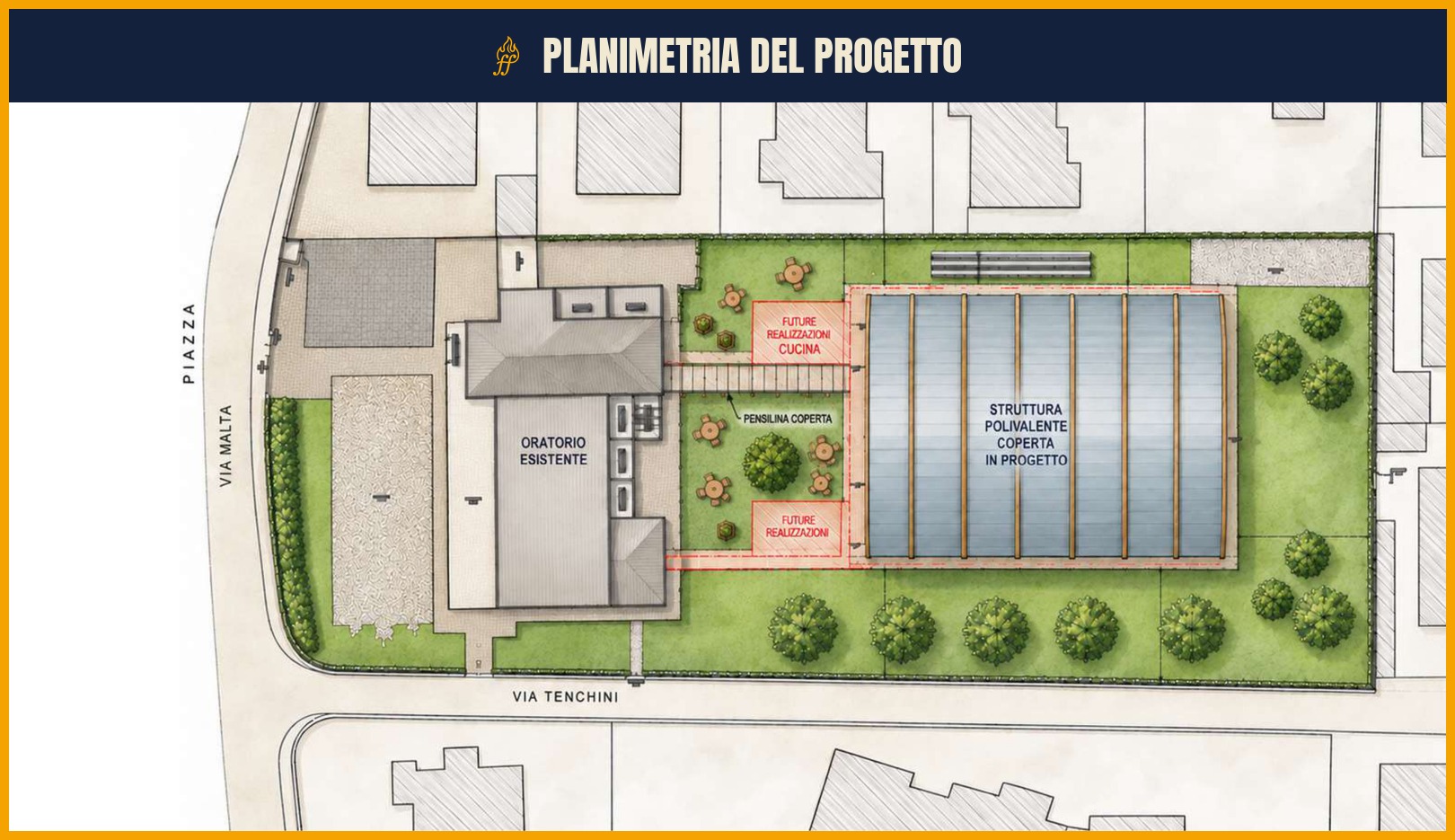 Planimetria del progetto, con la struttura polivalente disegnata dietro l’oratorio esistente