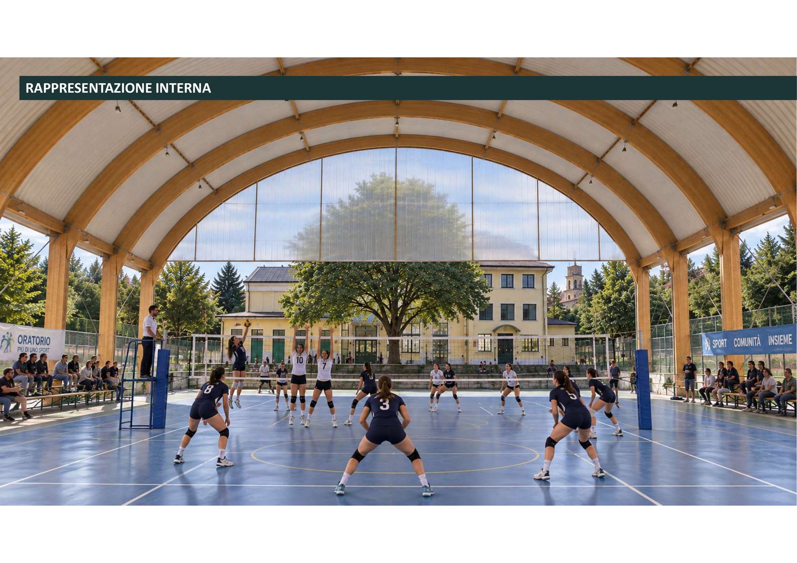 Rendering della struttura polivalente immaginata come palestra, con una partita di pallavolo in corso